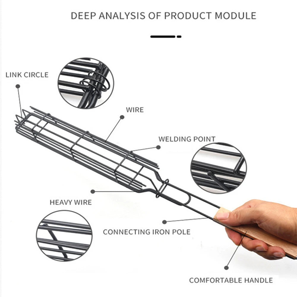 Barbecue Basket Non-Stick Wooden Handle BBQ Basket Meat and Vegetable Barbecue Rack Outdoor Camping Picnic Barbecue Tools