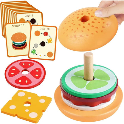 Montessori Wooden Burger Stacking Toys for Toddler Kids Preschool Learning Educational Toys Fine Motor Skill Kitchen Toys Gift