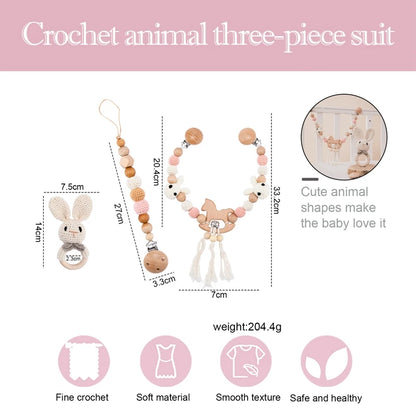 1Set Baby Toys Wood Pram Clip Crochet Elephant Dummy Soother Chain Clip Animal Teething Bracelet Crib Mobile Stroller Toys Gifts