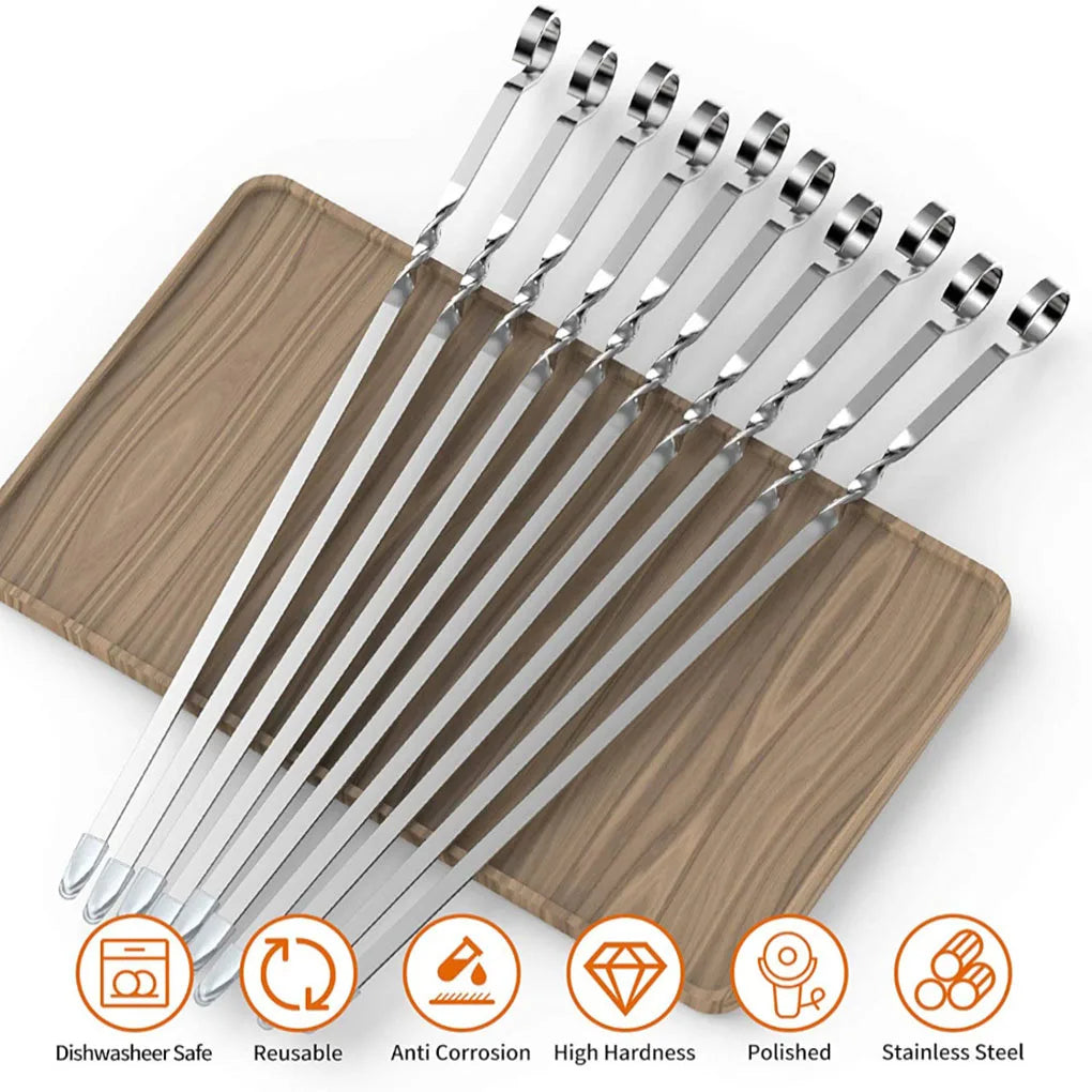 10Pcs BBQ Skewers Reusable Stainless Steel Barbecue Sticks Flat Cooking Grill Skewers Home Camping Kitchen Tools