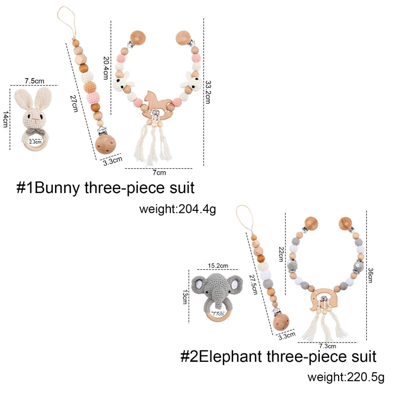 1Set Baby Toys Wood Pram Clip Crochet Elephant Dummy Soother Chain Clip Animal Teething Bracelet Crib Mobile Stroller Toys Gifts