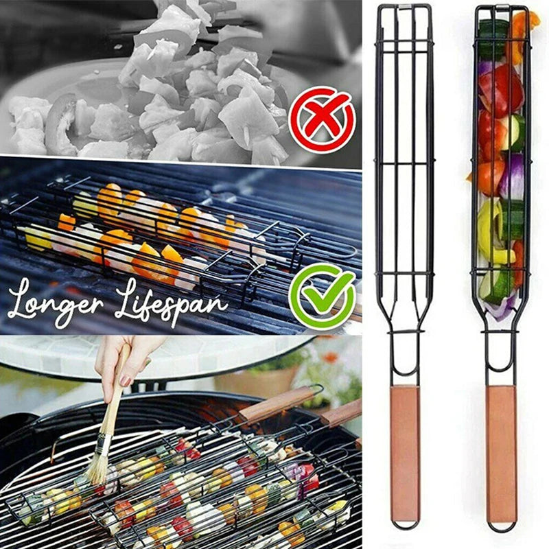 Barbecue Basket Non-Stick Wooden Handle BBQ Basket Meat and Vegetable Barbecue Rack Outdoor Camping Picnic Barbecue Tools