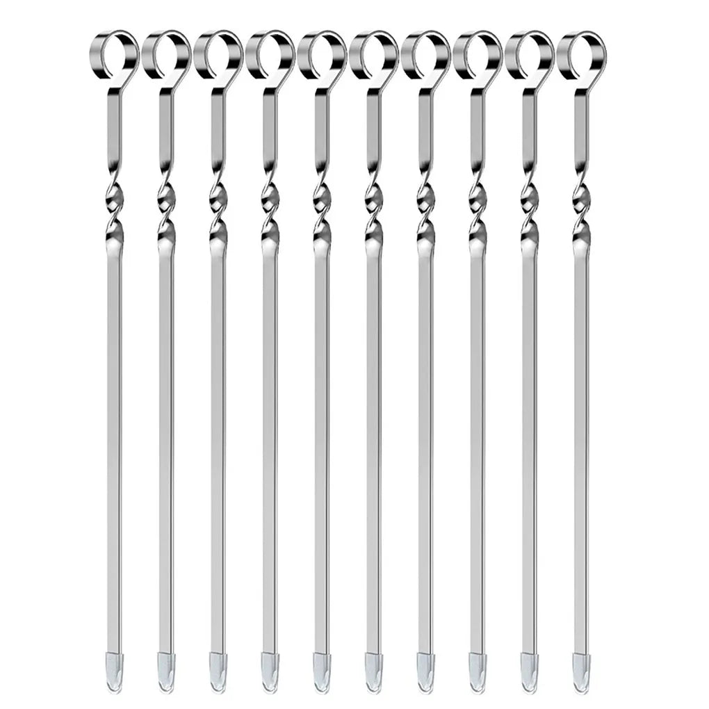 10Pcs BBQ Skewers Reusable Stainless Steel Barbecue Sticks Flat Cooking Grill Skewers Home Camping Kitchen Tools