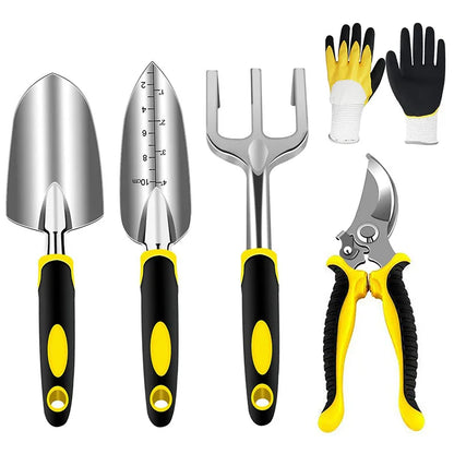 Garden Tool Set 5PCS Aluminum Gardening Tools Kit with Gloves Pruning Shear Rake Shovel Trowel Indoor Outdoor Hand Planting Kit