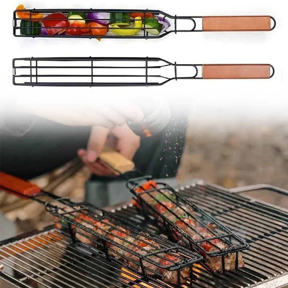 Barbecue Basket Non-Stick Wooden Handle BBQ Basket Meat and Vegetable Barbecue Rack Outdoor Camping Picnic Barbecue Tools