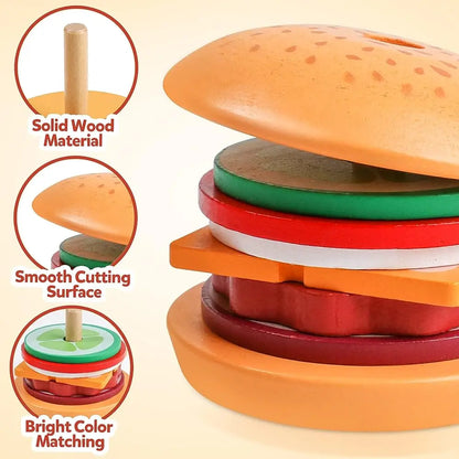 Montessori Wooden Burger Stacking Toys for Toddler Kids Preschool Learning Educational Toys Fine Motor Skill Kitchen Toys Gift