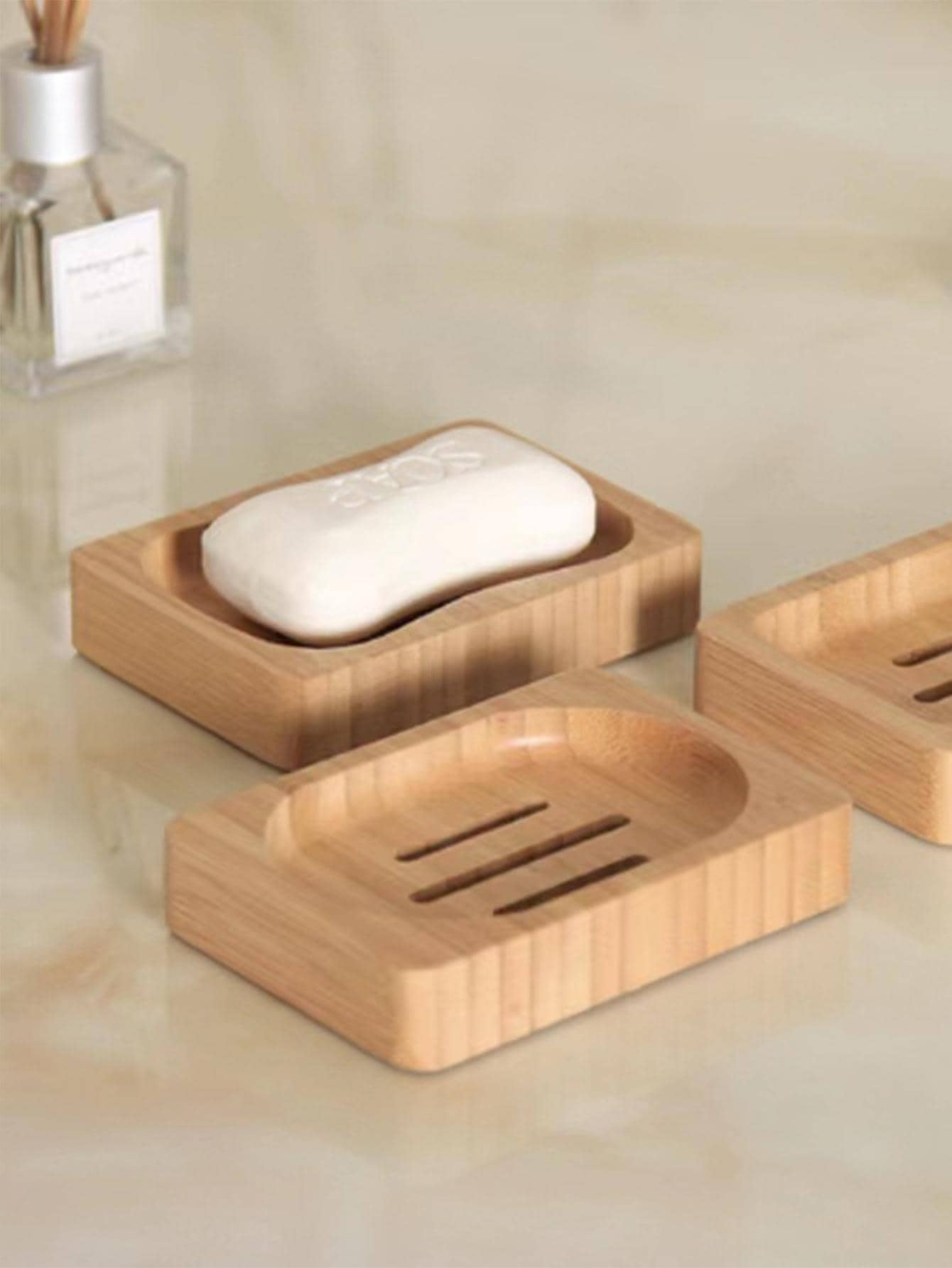 1Pc Khaki Bamboo Soap Dish, Plain Hollow Soap Holder for Household