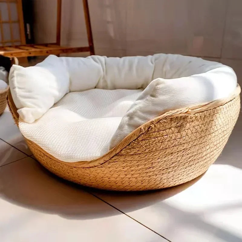 Pet Bed Soft Cat Kennel Dog Beds Sofa Bamboo Weaving Four Season Cozy Nest Baskets Waterproof Removable Cushion Sleeping Bag