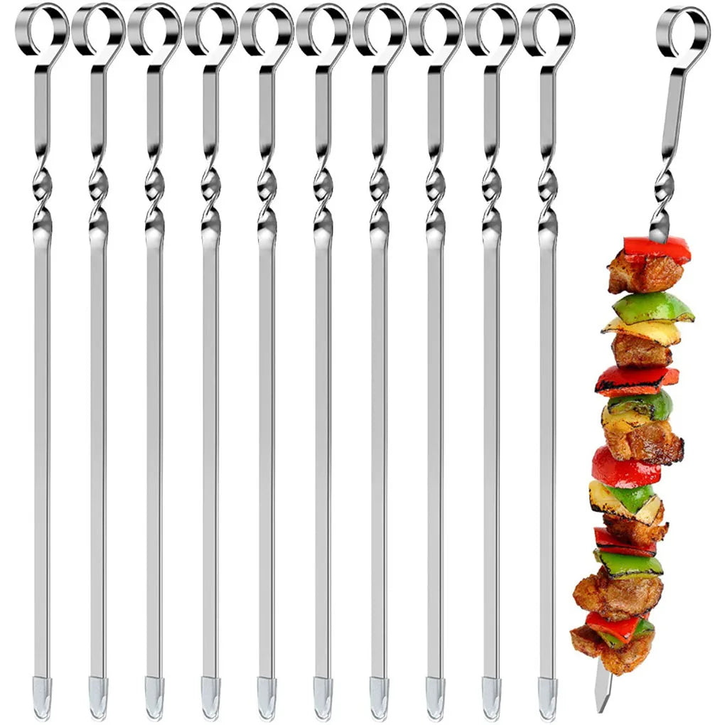 10Pcs BBQ Skewers Reusable Stainless Steel Barbecue Sticks Flat Cooking Grill Skewers Home Camping Kitchen Tools