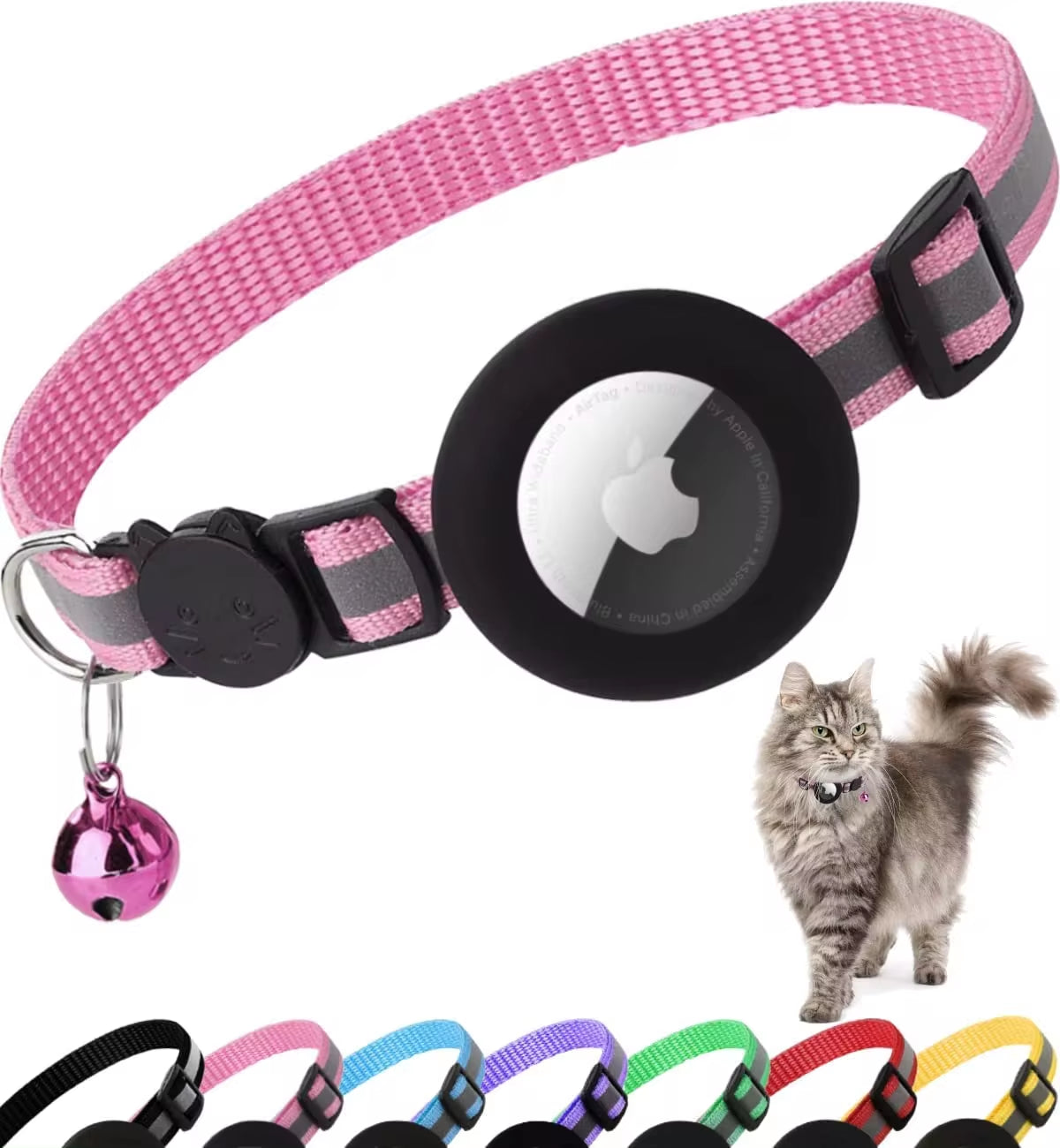 Reflective Breakaway Cat Collar with Apple AirTag Holder and Bell - 0.4 Inches