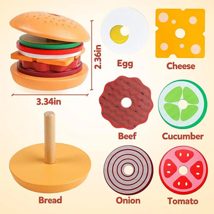 Montessori Wooden Burger Stacking Toys for Toddler Kids Preschool Learning Educational Toys Fine Motor Skill Kitchen Toys Gift