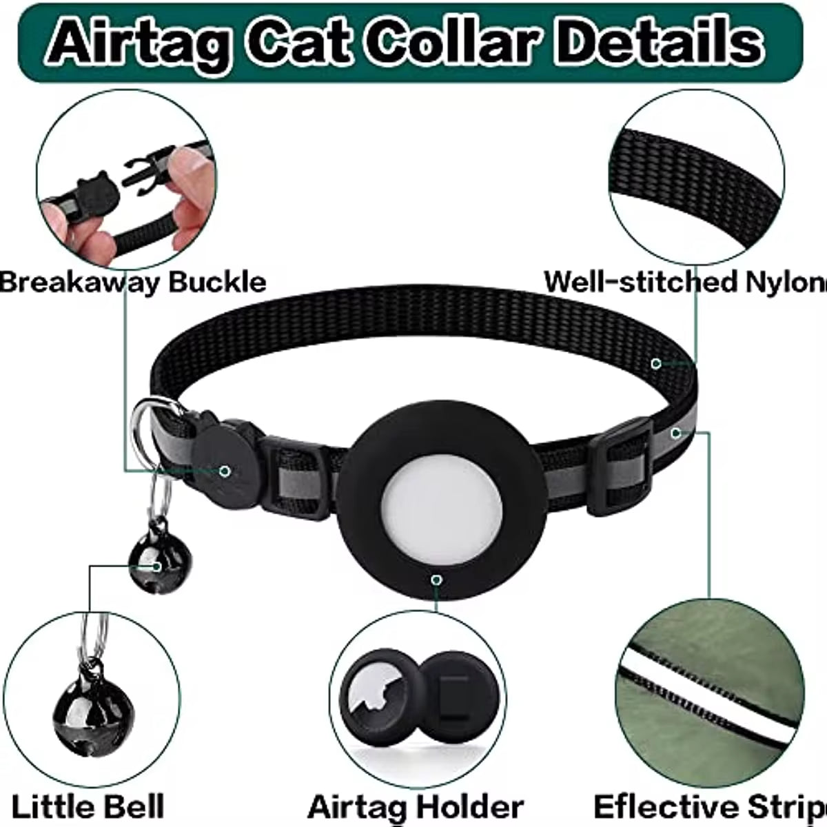 Reflective Breakaway Cat Collar with Apple AirTag Holder and Bell - 0.4 Inches