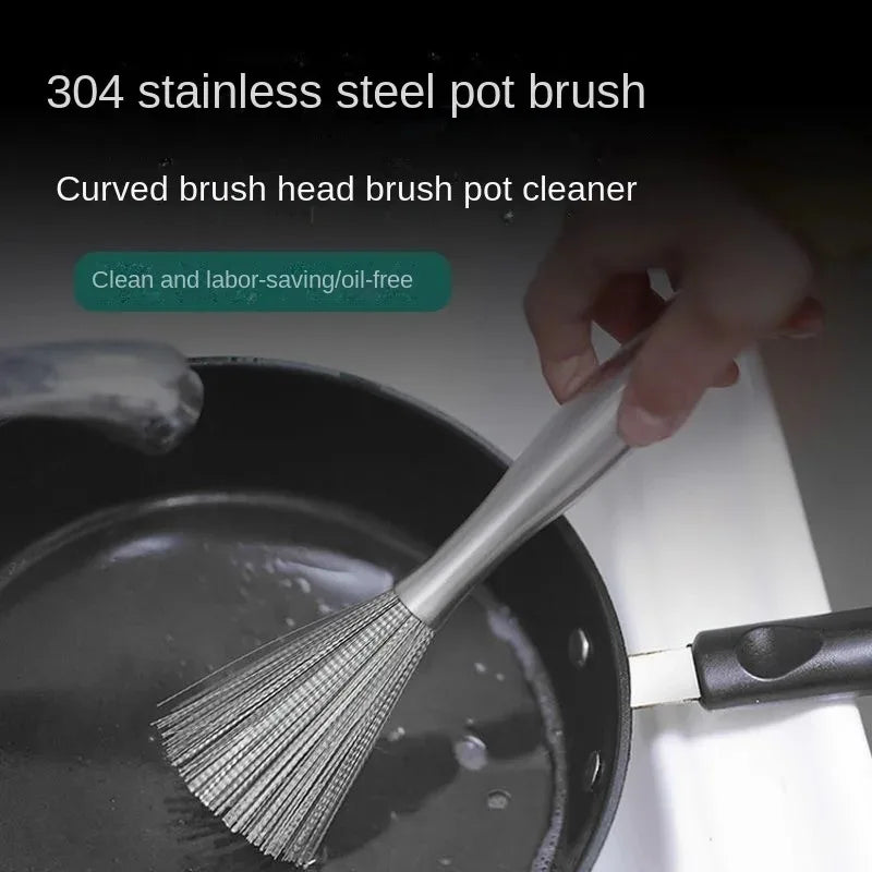 Kitchen Stainless Steel Cleaning Brush Long Handle Utensil Scrubber Anti-Rust Stainless Steel Kitchen Special Brush Pot Tool