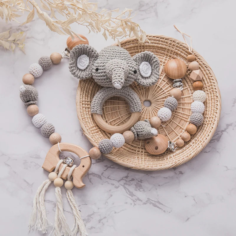 1Set Baby Toys Wood Pram Clip Crochet Elephant Dummy Soother Chain Clip Animal Teething Bracelet Crib Mobile Stroller Toys Gifts