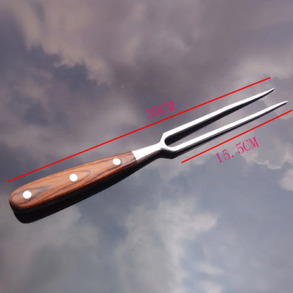 Portable Outdoor Stainless Steel Barbecue Tool Wooden Handle Barbecue Fork Food Fork Meat Fork New