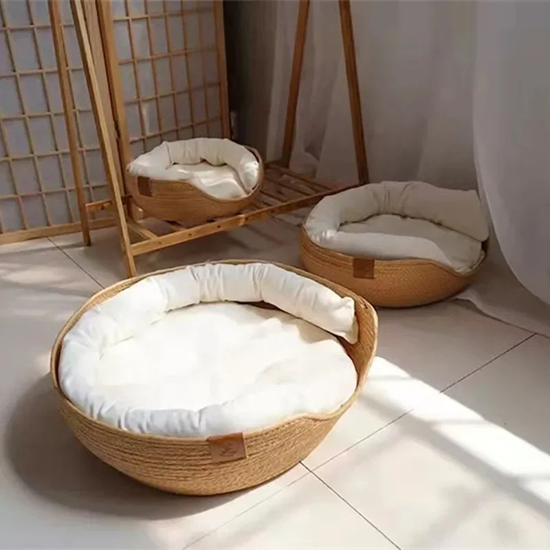 Pet Bed Soft Cat Kennel Dog Beds Sofa Bamboo Weaving Four Season Cozy Nest Baskets Waterproof Removable Cushion Sleeping Bag