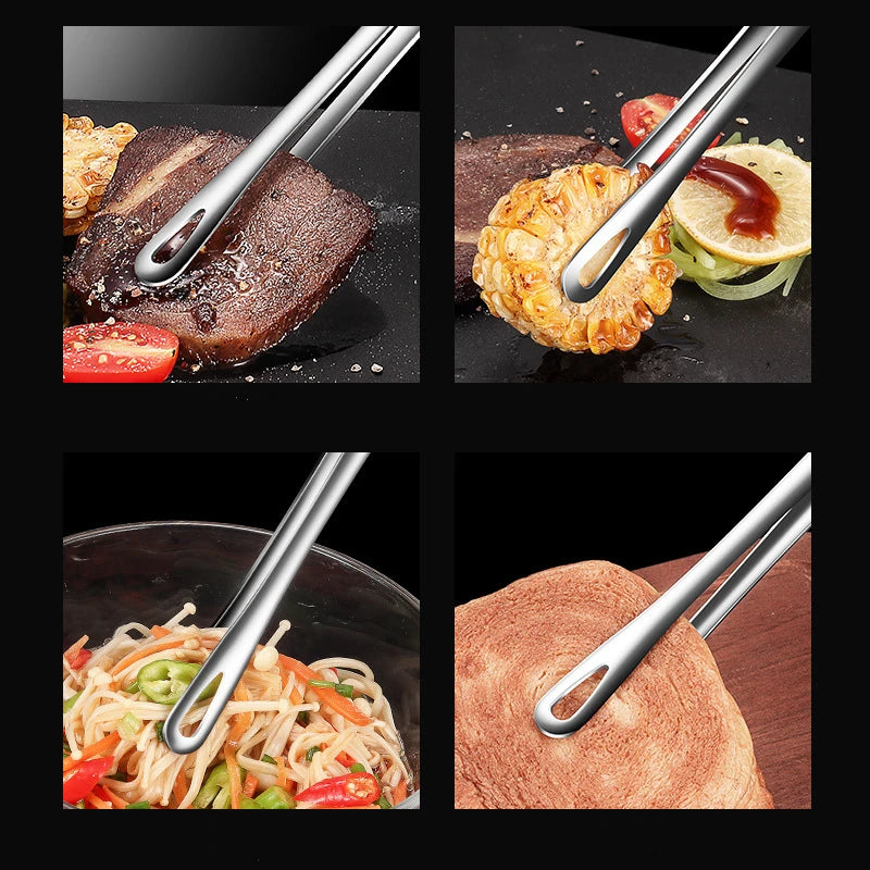 Stainless Steel Salad Barbecue Tongs Portable Picnic Clamp Heat Resistant Hollow-Out Bead Clip Kitchen Cooking Food Serving Tool