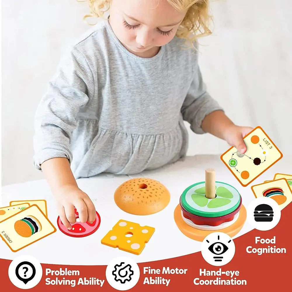 Montessori Wooden Burger Stacking Toys for Toddler Kids Preschool Learning Educational Toys Fine Motor Skill Kitchen Toys Gift