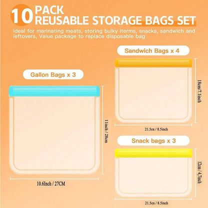 10Pcs(3 Large +4 Medium +3 Small) Leak-Proof Reusable Silicone Food Storage ,Gallon Freezer&Sandwich&Snack Bag